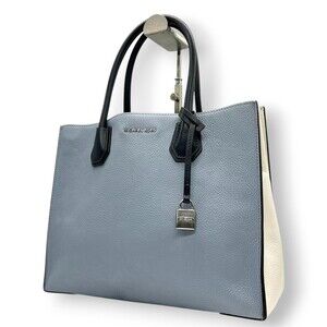 MICHAEL KORS Mercer Tote Handbag in Pebbled Leather, Light Blue and White, Wo...